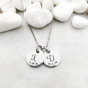 Tiny disc initial and date necklace