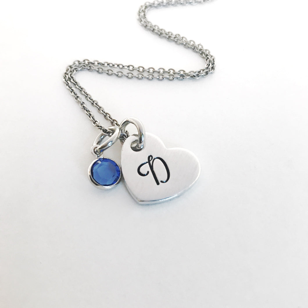 Heart initial pendant birthstone necklace