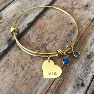 Gold bangle birthstone charm bracelet for Mom