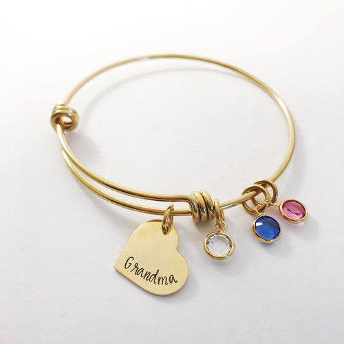 Gold bangle birthstone charm bracelet for grandma