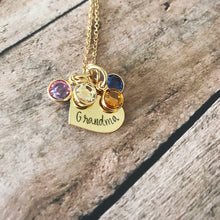 Load image into Gallery viewer, Gold birthstone necklace with mom or grandma heart pendant