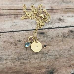 Gold dainty cross birthstone necklace