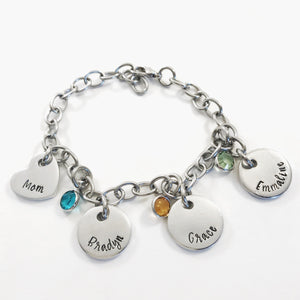 Wide link charm bracelet for mom with name pendants and birthstones