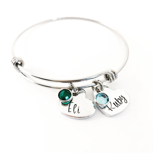 Birthstone name bracelet with hearts for mom