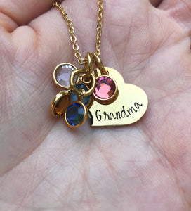Gold birthstone necklace with mom or grandma heart pendant