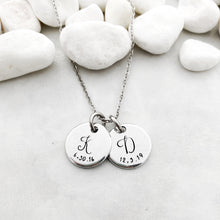 Load image into Gallery viewer, Tiny disc initial and date necklace