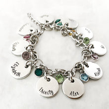 Load image into Gallery viewer, Wide link charm bracelet for mom with name pendants and birthstones