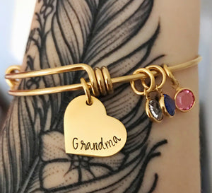 Gold bangle birthstone charm bracelet for grandma