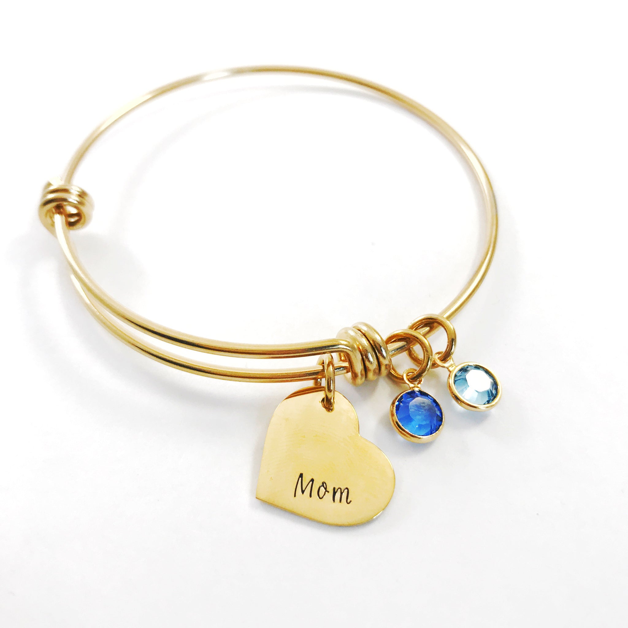 Gold bangle birthstone charm bracelet for Mom – Blue Feather Creations